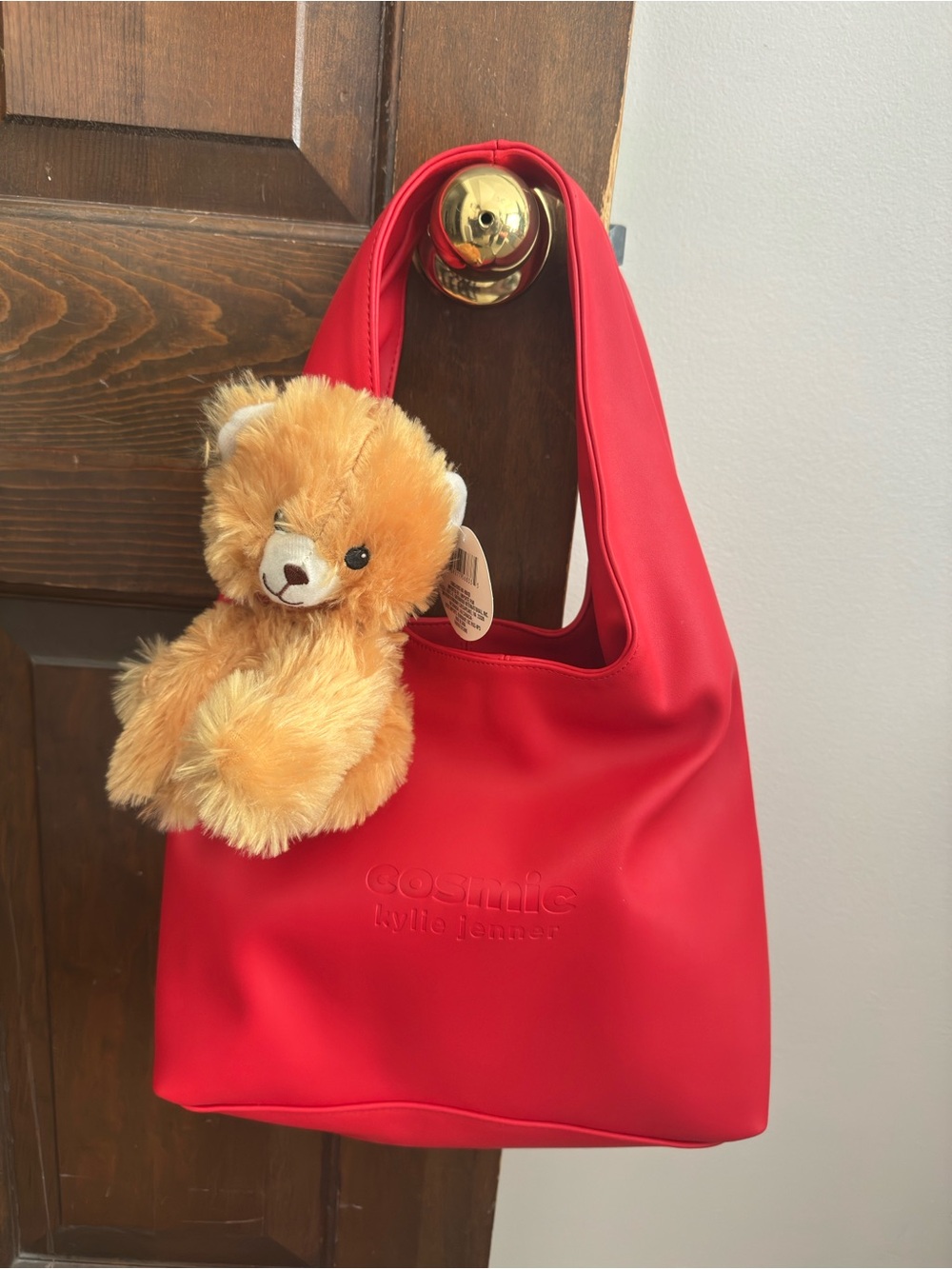 Kylie Jenner Red Shoulder Tote with Plush Charm
